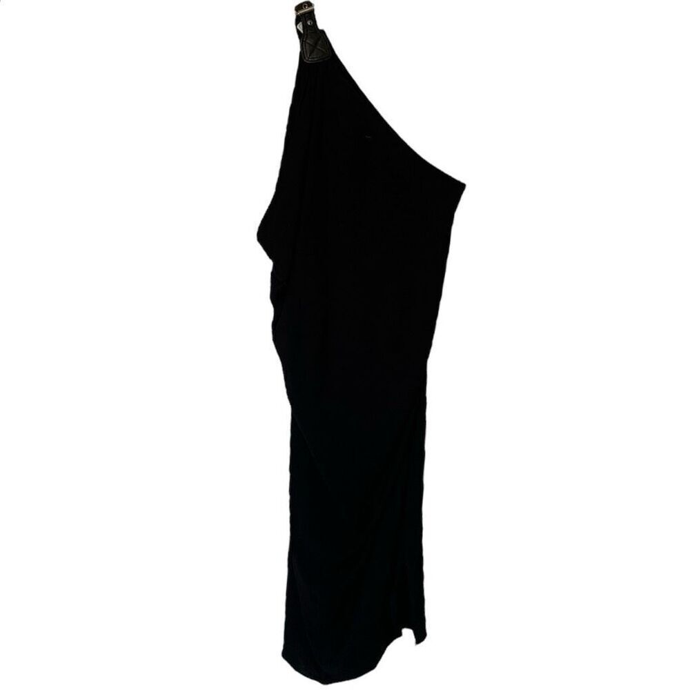 Cut25 Black One Shoulder Leather Buckle Strap Draped Midi Dress Size Small